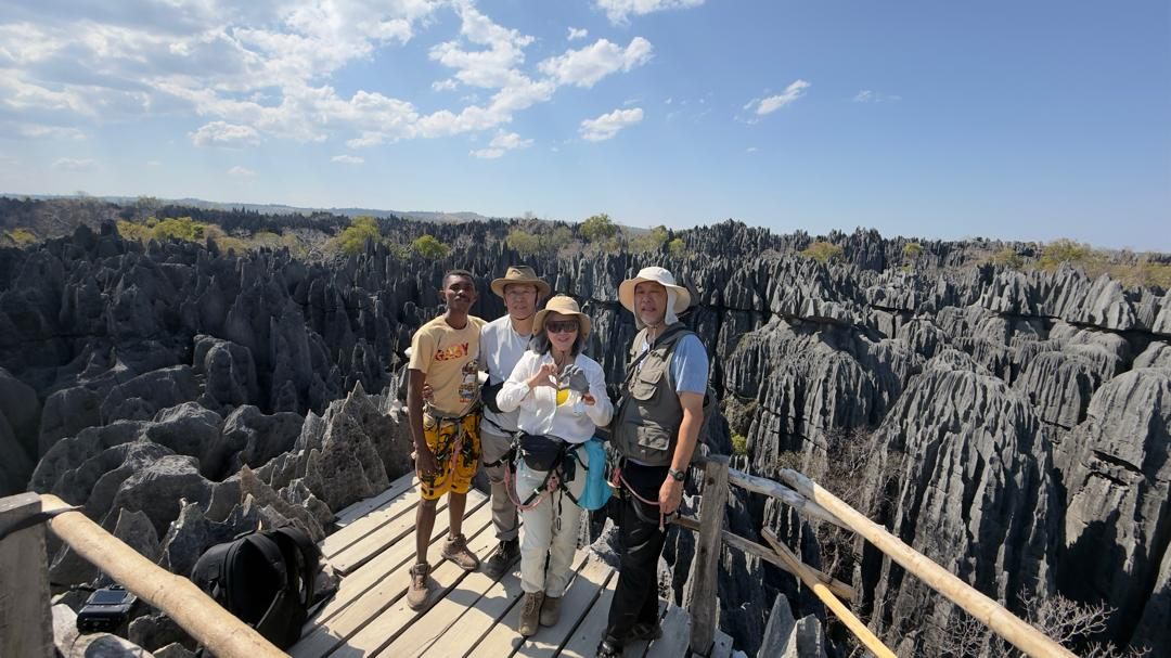 A group crossing a boardwalk over the Tsingy